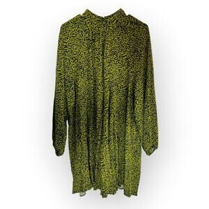 H&M Olive Animal Leopard Print Boho Flowy Oversized  Mini Dress Sz 10 80s